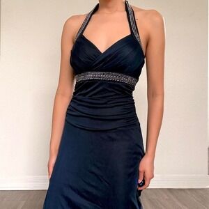 Trixxi Navy Blue Rhinestone Halter Maxi Dress